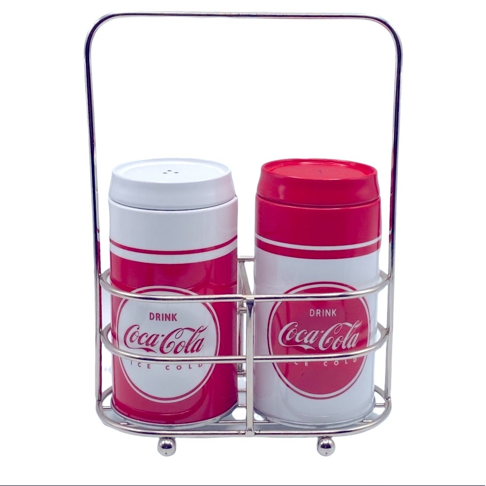 NEW! COCA-COLA Salt Pepper Shaker Set Caddy Red White Tin Container Collectibles
